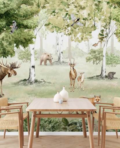 woodland animals in a forest wallpaper