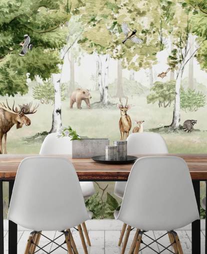 woodland animals in a forest wallpaper