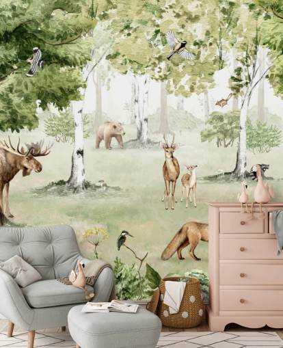 woodland animals in a forest wallpaper