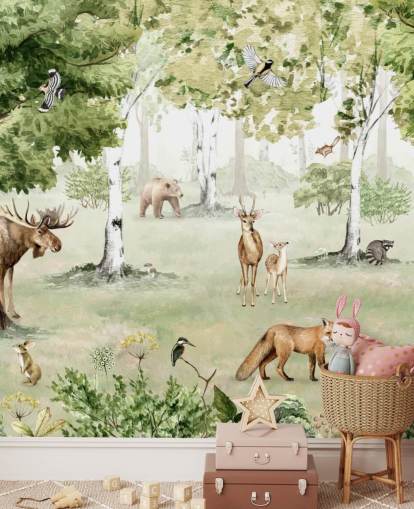 woodland animals in a forest wallpaper