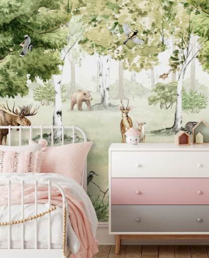 woodland animals in a forest wallpaper