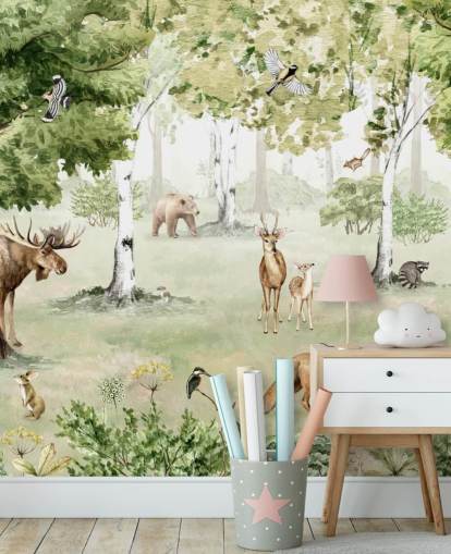 woodland animals in a forest wallpaper