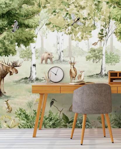 woodland animals in a forest wallpaper