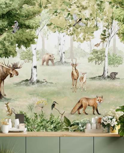woodland animals in a forest wallpaper