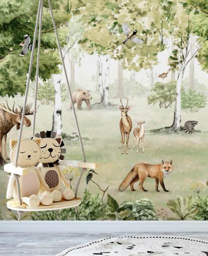 woodland animals in a forest wallpaper