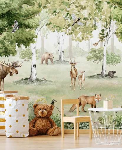 woodland animals in a forest wallpaper