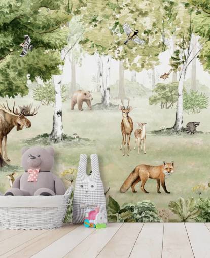 woodland animals in a forest wallpaper