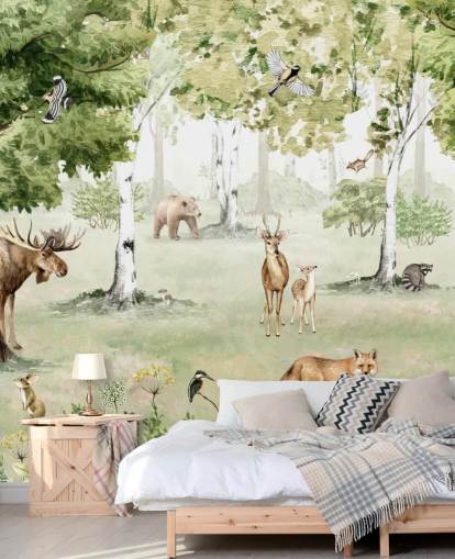 woodland animals in a forest wallpaper