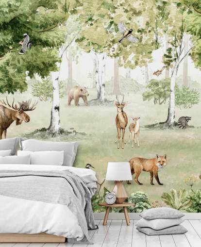 woodland animals in a forest wallpaper