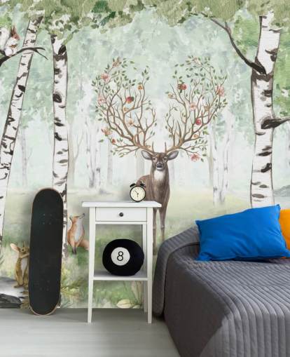 woodland animals and stag among birch trees wallpaper woodland animals and stag among birch trees wallpaper