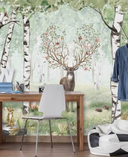 woodland animals and stag amongst birch trees wallpaper