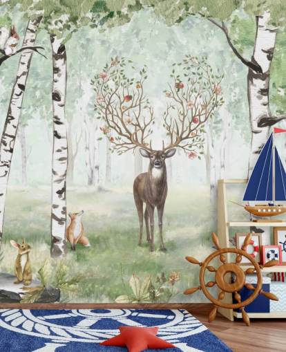 papier peint animaux des bois et cerf parmi les bouleaux