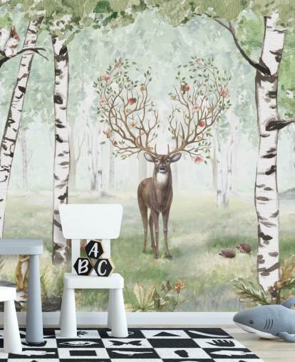 papel pintado de animales del bosque y ciervos entre abedules