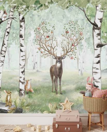 woodland animals and stag amongst birch trees wallpaper woodland animals and stag amongst birch trees wallpaper