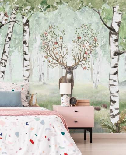 carta da parati con animali del bosco e cervi tra betulle carta da parati con animali del bosco e cervi tra betulle