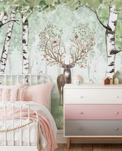 woodland animals and stag amongst birch trees wallpaper