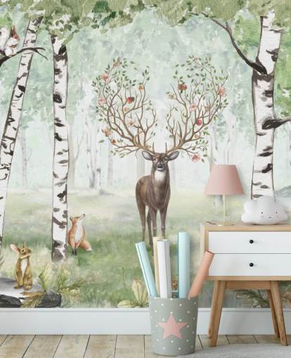 papel pintado de animales del bosque y ciervos entre abedules