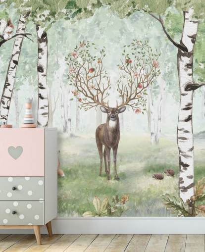 papier peint animaux des bois et cerf parmi les bouleaux