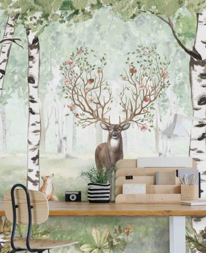 papel pintado de animales del bosque y ciervos entre abedules