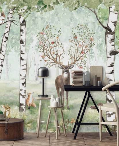 woodland animals and stag amongst birch trees wallpaper woodland animals and stag amongst birch trees wallpaper