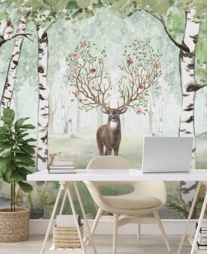 woodland animals and stag among birch trees wallpaper woodland animals and stag among birch trees wallpaper