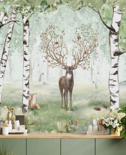 woodland animals and stag among birch trees wallpaper woodland animals and stag among birch trees wallpaper