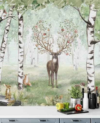 papel pintado de animales del bosque y ciervos entre abedules