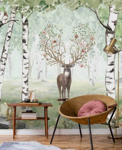 woodland animals and stag among birch trees wallpaper woodland animals and stag among birch trees wallpaper