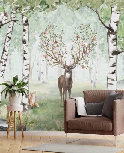 woodland animals and stag among birch trees wallpaper