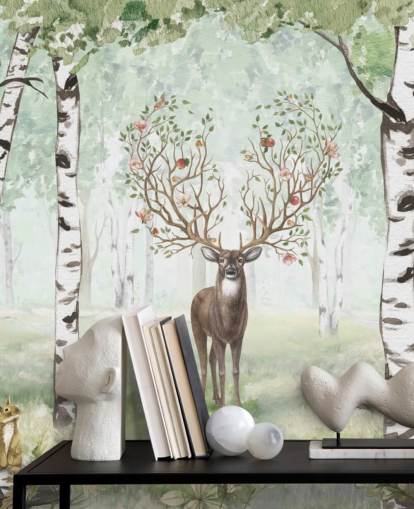 papel pintado de animales del bosque y ciervos entre abedules