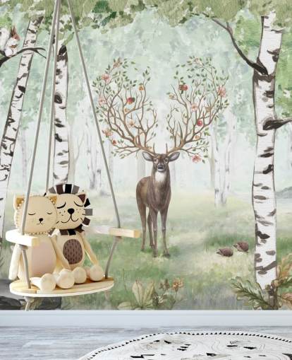 woodland animals and stag amongst birch trees wallpaper