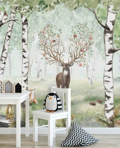 woodland animals and stag amongst birch trees wallpaper