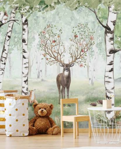 papel pintado de animales del bosque y ciervos entre abedules papel pintado de animales del bosque y ciervos entre abedules