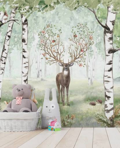 woodland animals and stag amongst birch trees wallpaper