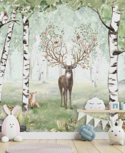 woodland animals and stag amongst birch trees wallpaper