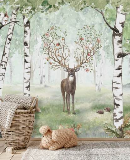 woodland animals and stag amongst birch trees wallpaper