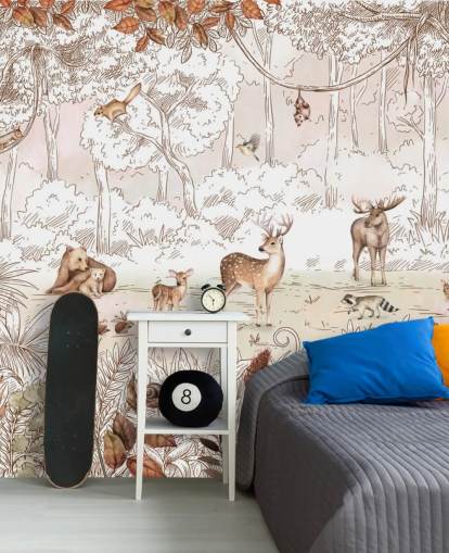 papier peint d'automne avec des animaux mignons dans la forêt