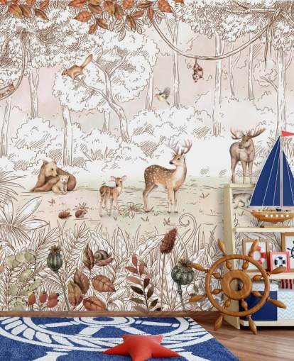 papier peint d'automne avec des animaux mignons dans la forêt