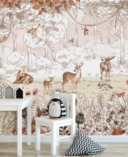 papier peint d'automne avec des animaux mignons dans la forêt