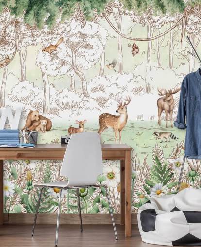 animais fofos no papel de parede da floresta