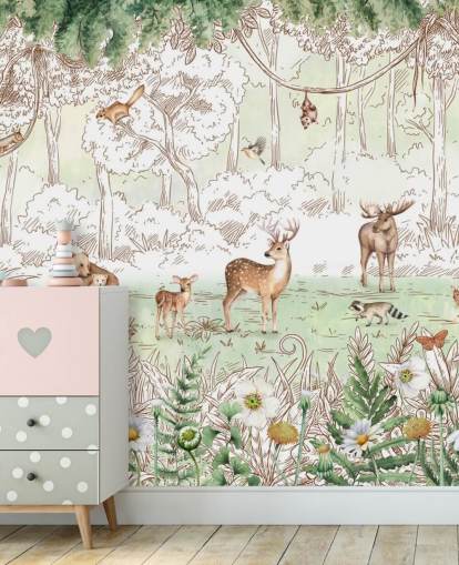 animais fofos no papel de parede da floresta