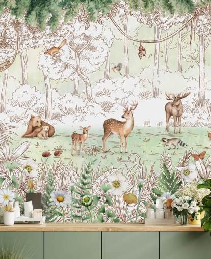 simpatici animali nella carta da parati boschiva