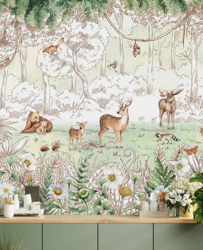 cute animals in woodland wallpaper