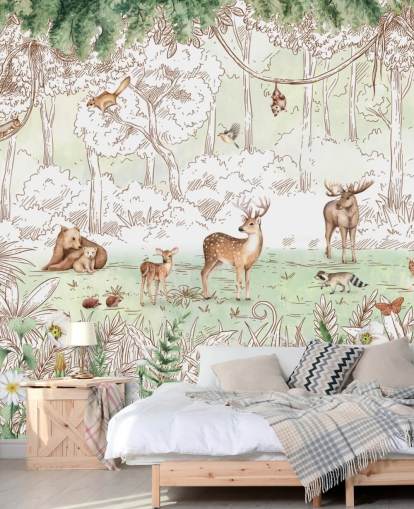 animais fofos no papel de parede da floresta