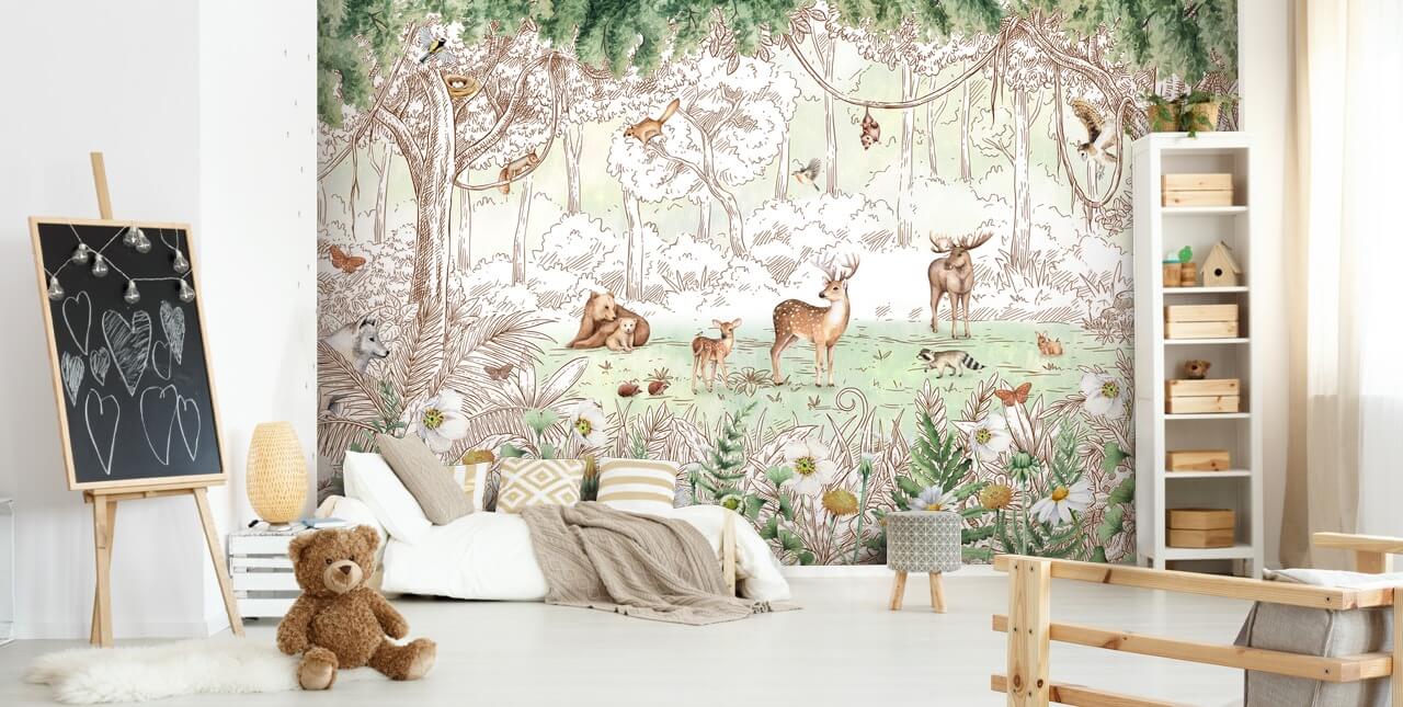 animais fofos no papel de parede da floresta