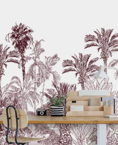 papel pintado tropical granate y blanco