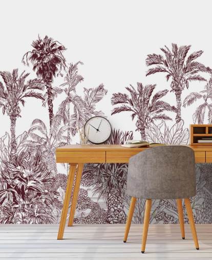 papel pintado tropical granate y blanco