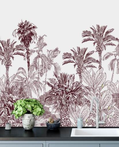 papel pintado tropical granate y blanco