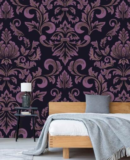 papel de parede damasco roxo e preto