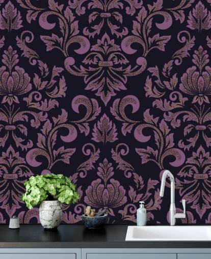 papel pintado damasco morado y negro